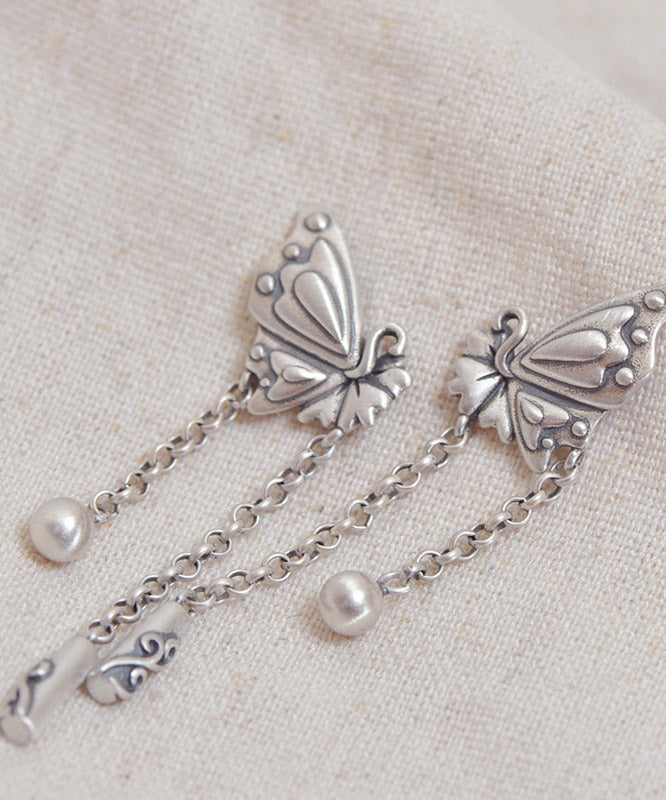 Simple Silk Sterling Silver Butterfly Tassel Xiangyun Drop Earrings