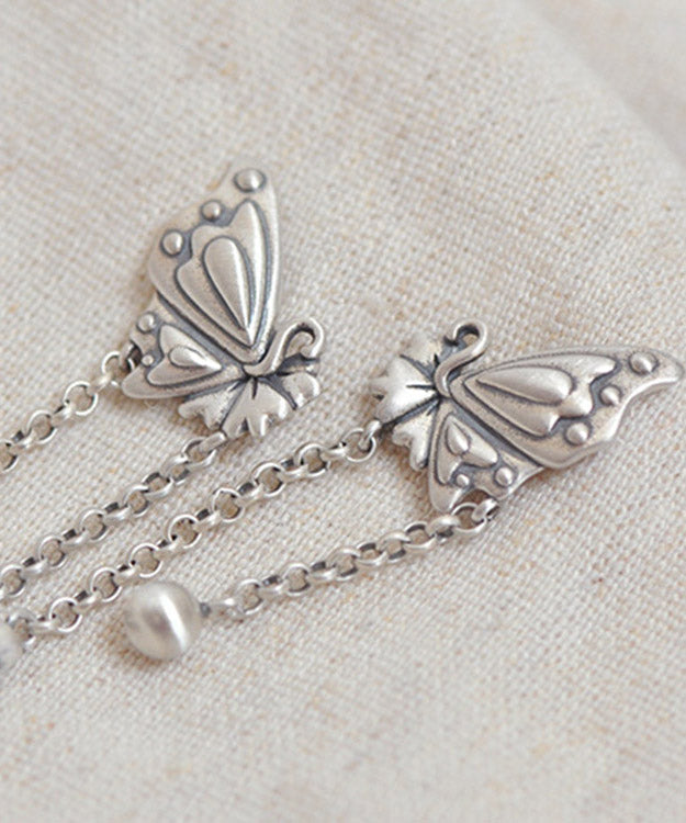Simple Silk Sterling Silver Butterfly Tassel Xiangyun Drop Earrings