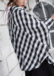 Simple Slash Neck Asymmetrical Patchwork Plaid Linen Shirt Half Sleeve