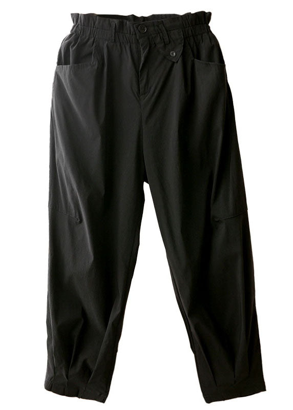 Simple Solid Black Elastic Waist Pockets Cotton Harem Pants Summer