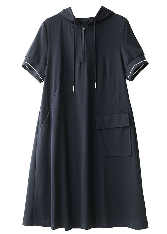 Simple Solid Navy Zippered Drawstring Hooded Pocket Cotton Sweatshirt Dress Short Sleeve