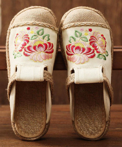 Simple Splicing Flat Shoes Beige Embroideried Cotton Linen Fabric - SooLinen