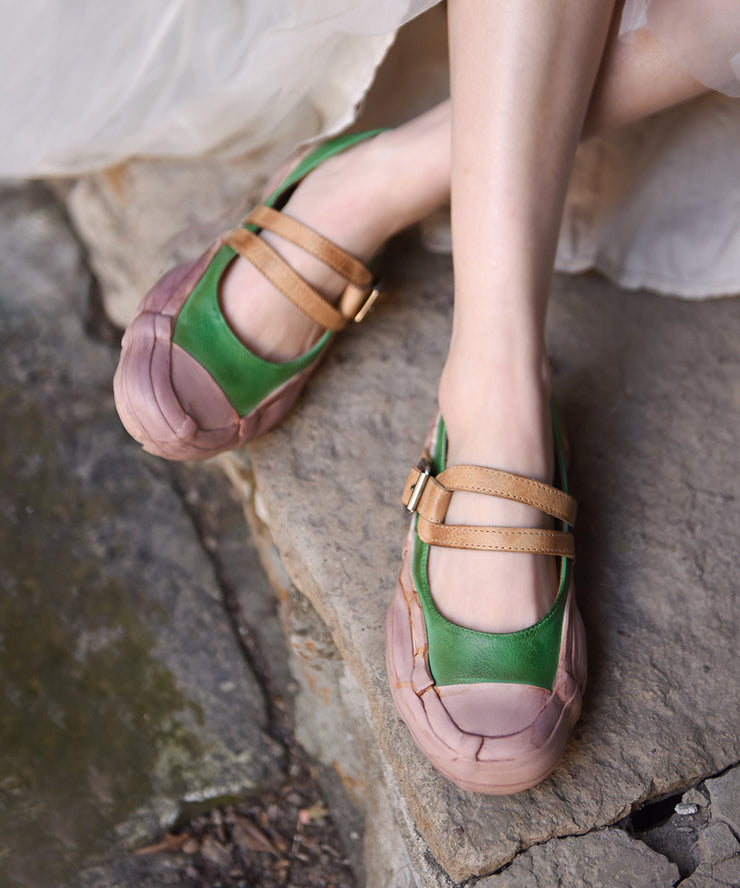 Simple Splicing Flat Shoes For Women Green Cowhide Leather Buckle Strap