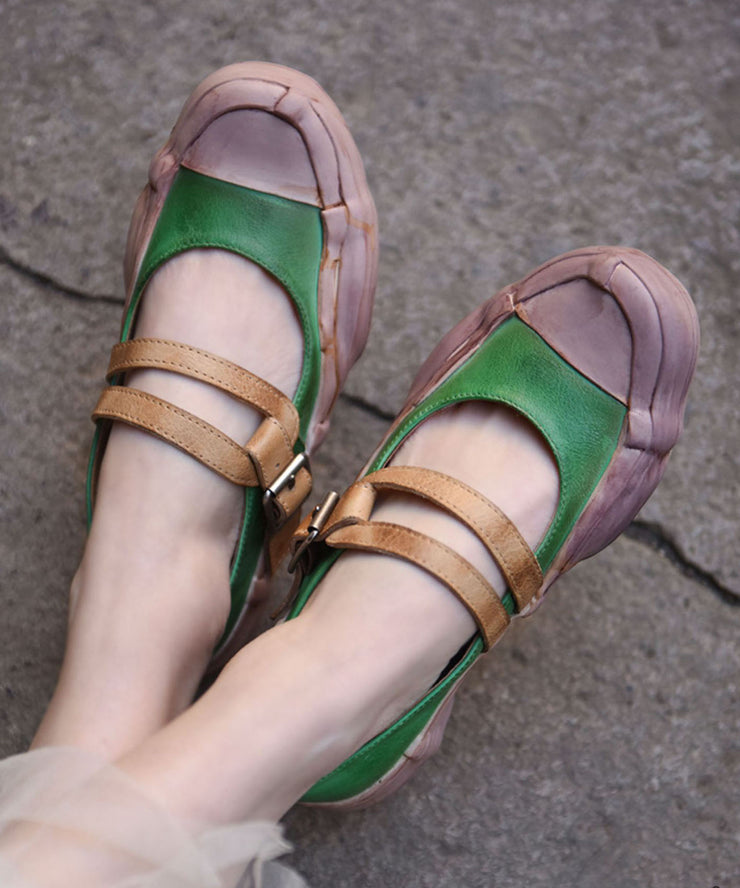 Simple Splicing Flat Shoes For Women Green Cowhide Leather Buckle Strap