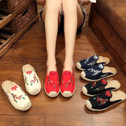 Simple Splicing Red Cotton Fabric Embroideried Slippers Shoes - SooLinen