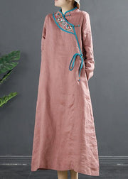 Simple Stand Collar Tunics Pink Embroidery Robe Dresses - SooLinen