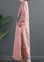 Simple Stand Collar Tunics Pink Embroidery Robe Dresses - SooLinen
