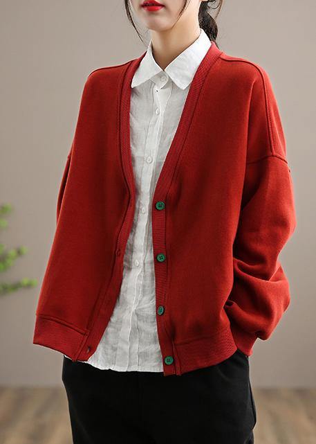 Simple V Neck Button Down Top Quality Spring Red outwear - SooLinen