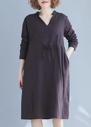 Simple V Neck Drawstring Spring Robes Neckline Gray Dresses - SooLinen