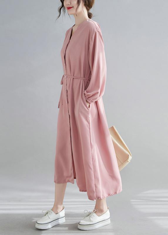 Simple V neck Drawstring Spring Tunics Pink Art Dress - SooLinen