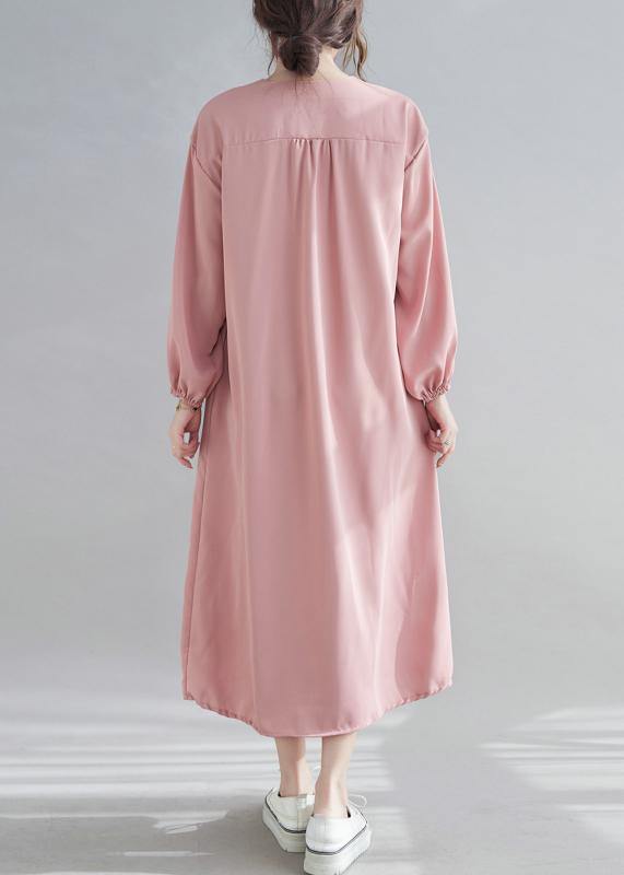 Simple V neck Drawstring Spring Tunics Pink Art Dress - SooLinen