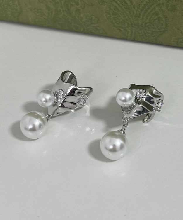 Simple White Alloy Pearl Tassel Drop Earrings