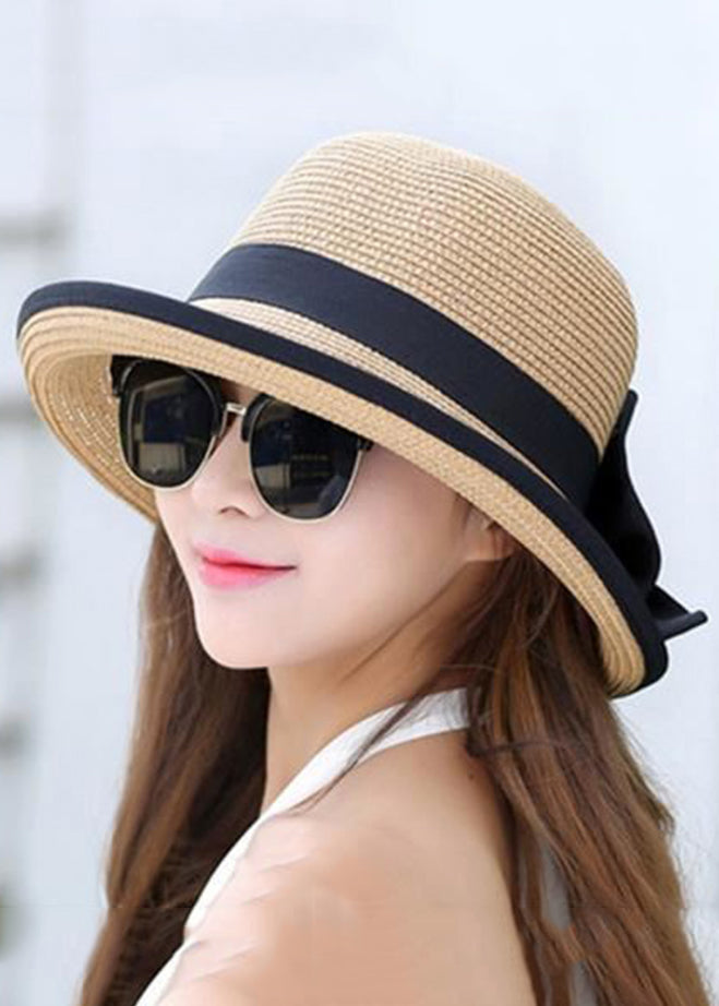 Simple White Bow Straw Woven Floppy Sun Hat