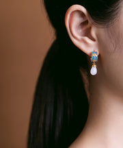 Simple White Copper Inlaid Hetian Jade Stud Earrings