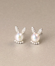 Simple White Cute Rabbit Zircon And Pearl Stud Earrings