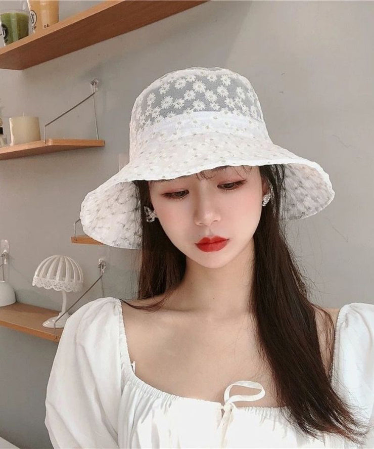 Simple White Daisy Lace Patchwork Embroidered Floppy Sun Hat