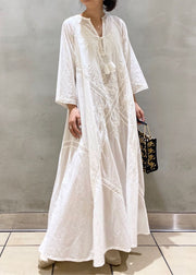 Simple White Embroidered Hollow Out Cotton Long Dresses Spring