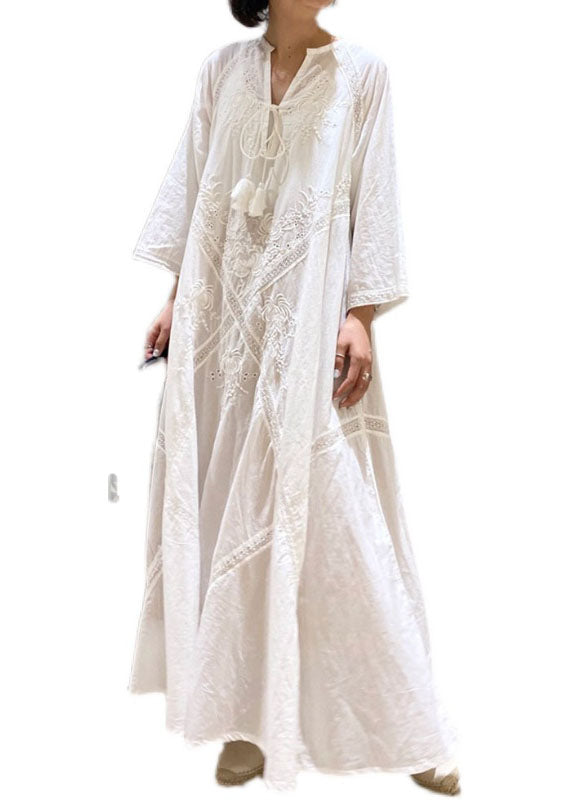 Simple White Embroidered Hollow Out Cotton Long Dresses Spring