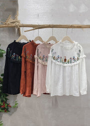 Simple White Embroideried Lace Patchwork Cotton Top Long Sleeve