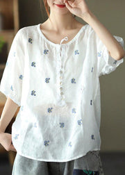 Simple White Embroideried O-Neck Summer Ramie Tops Half Sleeve - SooLinen
