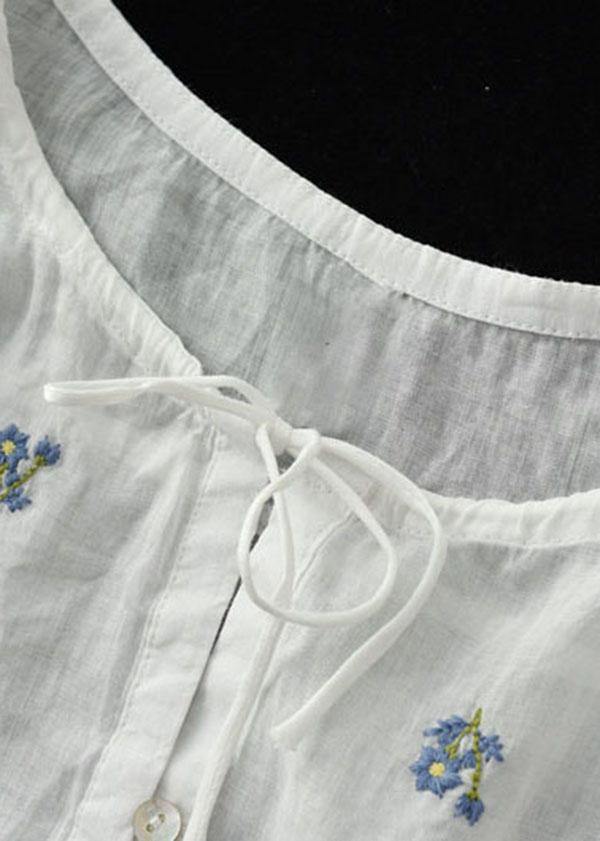 Simple White Embroideried O-Neck Summer Ramie Tops Half Sleeve - SooLinen
