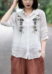 Simple White Embroidered Patchwork Lace Linen Blouse Tops Short Sleeve