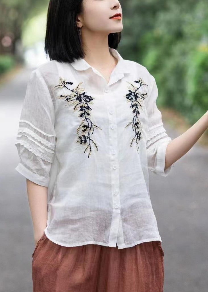 Simple White Embroidered Patchwork Lace Linen Blouse Tops Short Sleeve