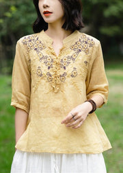 Simple Yellow  Embroidered Ruffled Linen Shirt Top Summer