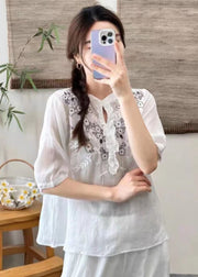 Simple Yellow  Embroidered Ruffled Linen Shirt Top Summer