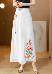 Simple White Embroidered Tassel Chiffon Straight Pants Summer