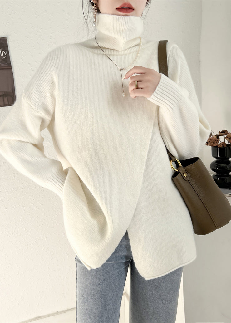 Simple White Hign Neck Asymmetrical Patchwork Woolen Knit Pullover Spring