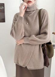 Simple White Hign Neck Asymmetrical Patchwork Woolen Knit Pullover Spring