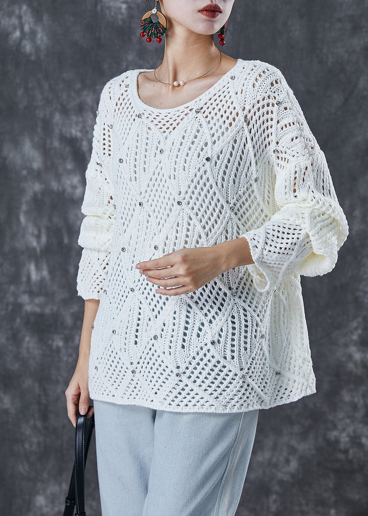 Simple White Hollow Out Zircon Knit Tops Fall