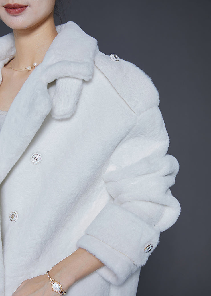 Simple White Lapel Double Breast Warm Faux Fur Coats Winter