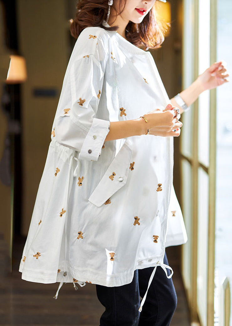 Simple White Little Bear Embroidered Zippered Drawstring Cotton Coats Fall
