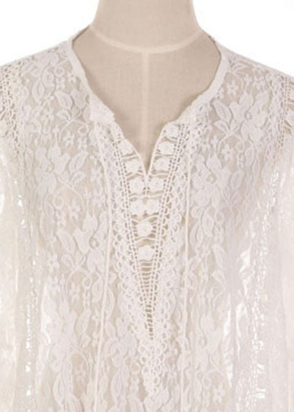 Simple White Long sleeve Lace Hollow Out Summer Shift Dresses