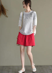 Simple White Loose O-Neck Embroideried Summer Linen Blouse Top - SooLinen