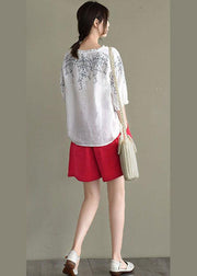 Simple White Loose O-Neck Embroideried Summer Linen Blouse Top - SooLinen