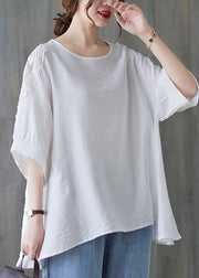 Simple White O-Neck Asymmetrical Patchwork Cotton T Shirt Summer