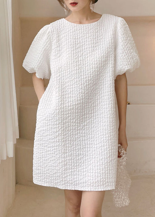 Simple White O Neck Backless Patchwork Cotton Mid Dress Puff Sleeve