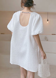 Simple White O Neck Backless Patchwork Cotton Mid Dress Puff Sleeve