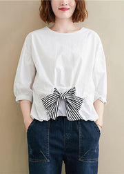 Simple White O-Neck Bow Patchwork Fall Top Three Quarter Sleeve