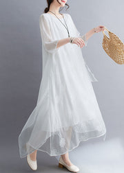 Simple White O Neck Embroidered Patchwork Chiffon Dresses Summer