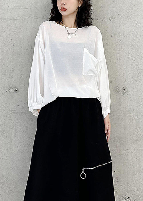 Simple White O Neck Pockets Patchwork Cotton Tops Batwing Sleeve