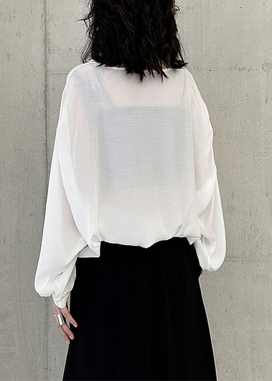 Simple White O Neck Pockets Patchwork Cotton Tops Batwing Sleeve