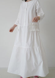 Simple White O Neck Ruffled Patchwork Cotton Dresses Summer