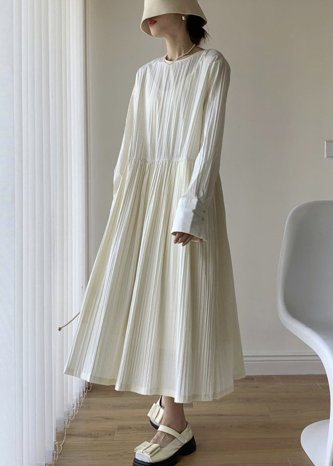 Simple White O Neck Wrinkled Patchwork Cotton Dress Fall