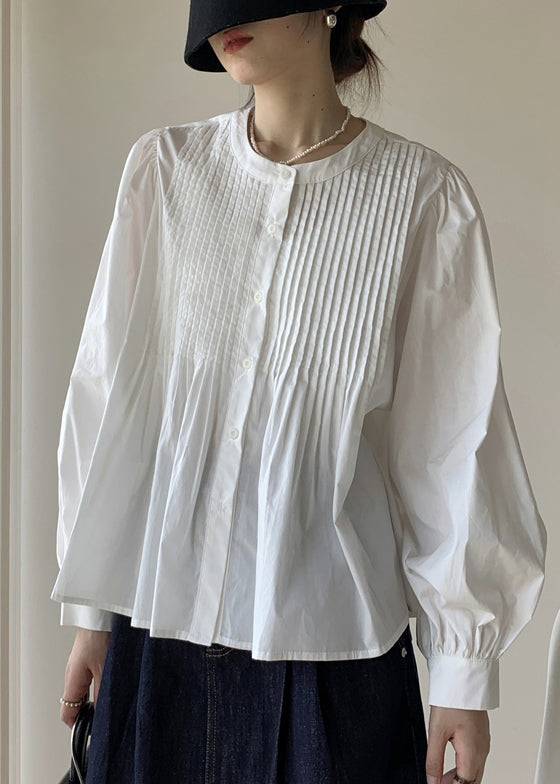 Simple White O Neck Wrinkled Patchwork Cotton Shirts Puff Sleeve