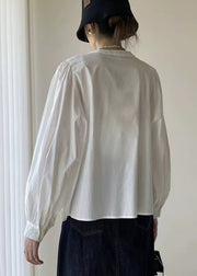 Simple White O Neck Wrinkled Patchwork Cotton Shirts Puff Sleeve