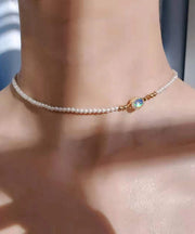 Simple White Overgild Inlaid Gem Stone Pearl Graduated Bead Necklace